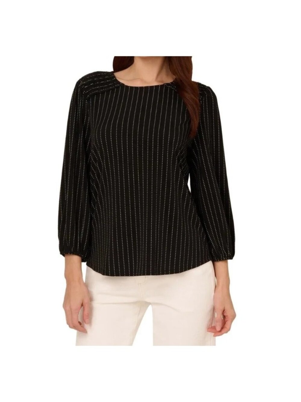 NWT Adrianna Papell Women's S Black Blouse Striped 3/4 Sleeve Keyhole Back M1326